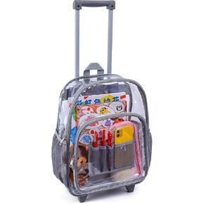 Rolling Clear Backpack, Heavy Duty Cold-Resistant Security Transparent PVC Backpack with Wheels (Black)