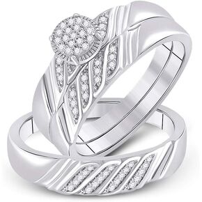 Solid 925 Sterling Silver His and Hers Trio Three Rings Set Real Natural Diamond Cluster Matching Rings Wedding Band Set 1/5 Carat (.20 Cttw)