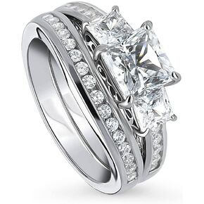 BERRICLE Sterling Silver 3-Stone Wedding Engagement Rings Princess Cut Cubic Zirconia CZ Ring Set for Women, Rhodium Plated Size 4-10