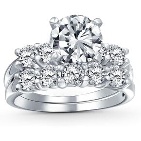 Personalized Traditional AAA CZ Baguettes Side Stones 2CT Square Princess Cut or Round Brilliant Solitaire Anniversary Engagement Wedding Band Ring Set For Women .925 Sterling Silver Customizable
