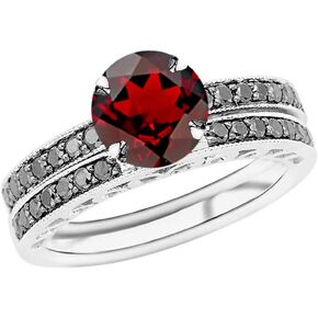 1.02 Carat t.w 14K White Gold Pave Set Black Diamond Engagement Ring and Wedding Band Set w/a 0.75 Carat Round Cut Red Garnet Heirloom Quality