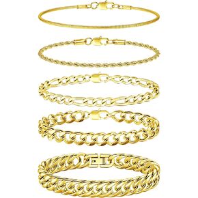 FINREZIO 5Pcs Stainless Steel Bracelets for Men Women Gold Silver Cuban Link Rope Figaro Cuban Chain Bracelet Set for Men 7.48/8.07/8.26 inches