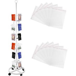 Greeting Card Rack Display Stand, with 6 Inch Bags 6 Tier 24 Pockets Postcard Display Rack Metal Spinning Floor Display Stand with Caster White Rotating Postcard Holder for CD DVD Stickers