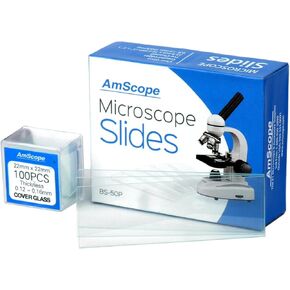 AmScope BS-50P-100S-22 Pre-Cleaned Blank Ground Edge Glass Microscope Slides and 100pc Pre-Cleaned Square Glass Cover Slips Coverslips