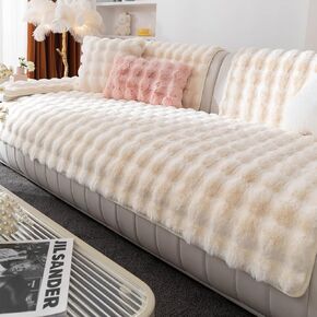 Faux Fur Couch Cover, Soft Warm Plush Sofa Couch Cover, Non Slip Sectional Sofa Slipcovers for L Shaped, Washable Furniture Protector for Kids, Dogs(Khaki, 36"x 83")
