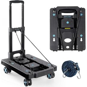 TICONN Folding Hand Truck Dolly, Moving Cart, Portable Dolly Cart with Adjustable Handle, Lightweight Luggage Utility Cart with 4 Rotate Wheels (Black)