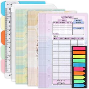 A6 Binder Planner Inserts, Monthly Weekly Planner Refills Budget Sheets, Colored Index Stickers, Binder Pockets and Today Ruler, Index Paper Divider, for A6 Binder Planner Accessories(6 Hole)