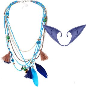 Avatar Cosplay Accessories, Soft Latex Pointed Elf Ears, Boho Feather Tassel Beads Necklace, Avatar Na'vi Anime Costume