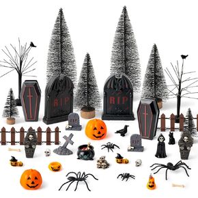 Halloween Village Scene Ornaments Accessories, Set of Pumpkins, Coffins, Tombstones, Skeletons, Witch, Spiders, Pine Trees, Bare Branches, Resin Garden Miniature Figurines for Halloween Partys