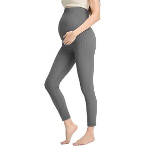 Ecavus Women's Maternity Workout Leggings Ribbed Over The Belly Pants Soft Activewear Work Pregnancy Yoga Pants with Pockets