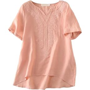 Minibee Women's Linen Shirts Summer Boho Tops Cotton Blouse V Neck Short Sleeve Embroidered Tunic