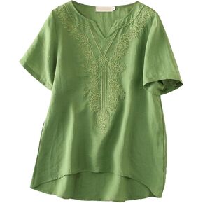 Minibee Women's Linen Shirts Summer Boho Tops Cotton Blouse V Neck Short Sleeve Embroidered Tunic