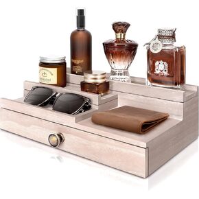Modern Wooden Cologne Organizer for Men - 3 Tier Cologne Stand with Storage Drawer and Hidden Compartment - Perfume Organizer for Dresser (Black)