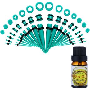 NASAMA 50 Pieces Ear Gauge Stretching Kit+Aftercare Jojoba Oil,14G-00G Tapers Plugs Silicone Tunnels Gauges Expander Set Body Piercing Jewelry