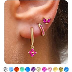 3 Pairs Dainty Gold/Silver Three Hole Birthstone Earrings Set for Multiple Piercing Non Tarnish 14k Gold Plated Hypoallergenic Cartilage Small Hoop Stud Earrings Stacks Set for Women Birthday Gifts