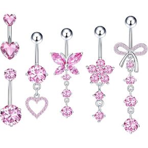 6Pcs Belly Button Ring Dangle Navel Belly Piercing Jewelry Bow Heart Butterfly Flower Navel Belly Rings Stainless Steel Dangling Jewelry 14G Cute Pink White CZ for Women