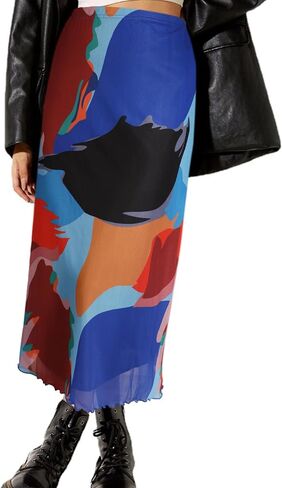 Avanova Women Solid Mesh Midi Length Skirt Elastic High Waisted Flowy Long Skirt in Saudi Arabia