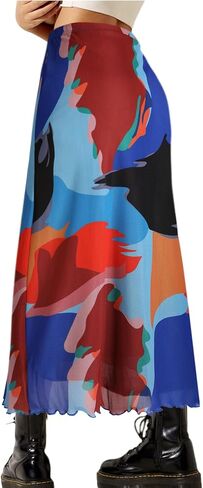 Avanova Women Solid Mesh Midi Length Skirt Elastic High Waisted Flowy Long Skirt in Saudi Arabia