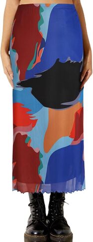 Avanova Women Solid Mesh Midi Length Skirt Elastic High Waisted Flowy Long Skirt in Saudi Arabia