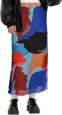 Avanova Women Solid Mesh Midi Length Skirt Elastic High Waisted Flowy Long Skirt in Saudi Arabia