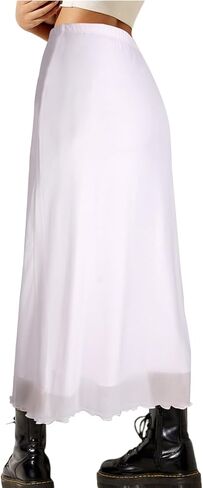Avanova Women Solid Mesh Midi Length Skirt Elastic High Waisted Flowy Long Skirt in Saudi Arabia