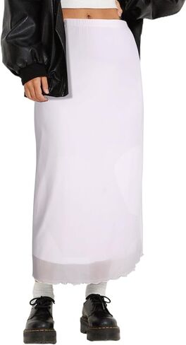 Avanova Women Solid Mesh Midi Length Skirt Elastic High Waisted Flowy Long Skirt in Saudi Arabia