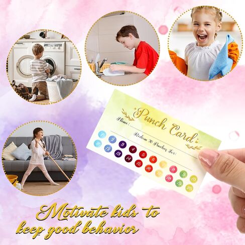 Fumete 200 Pieces Reward Punch Cards with Hole Puncher, 3.5 x 2 inch Incentive Loyalty Reward Card for Classroom Home School Supplies Students Teachers Kids, 8 Styles (Cute Style, 20 Holes) in Saudi Arabia