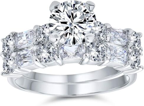 Personalized Traditional AAA CZ Baguettes Side Stones 2CT Square Princess Cut or Round Brilliant Solitaire Anniversary Engagement Wedding Band Ring Set For Women .925 Sterling Silver Customizable in Saudi Arabia