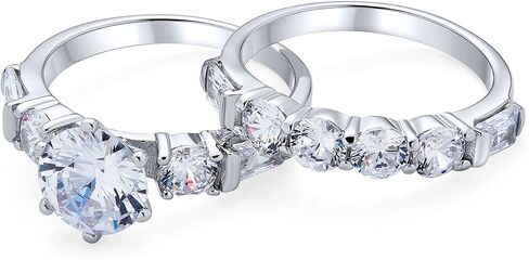 Personalized Traditional AAA CZ Baguettes Side Stones 2CT Square Princess Cut or Round Brilliant Solitaire Anniversary Engagement Wedding Band Ring Set For Women .925 Sterling Silver Customizable in Saudi Arabia