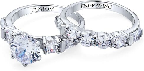 Personalized Traditional AAA CZ Baguettes Side Stones 2CT Square Princess Cut or Round Brilliant Solitaire Anniversary Engagement Wedding Band Ring Set For Women .925 Sterling Silver Customizable in Saudi Arabia