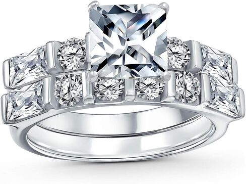 Personalized Traditional AAA CZ Baguettes Side Stones 2CT Square Princess Cut or Round Brilliant Solitaire Anniversary Engagement Wedding Band Ring Set For Women .925 Sterling Silver Customizable in Saudi Arabia