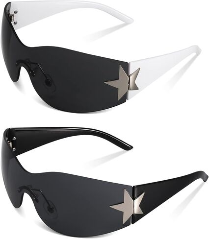 2 Pairs Y2K Sunglasses for Women Men, Trendy Shield Wrap Around Sun Glasses, Rimless Star Sunglasses Oversized Glasses Shades in Saudi Arabia