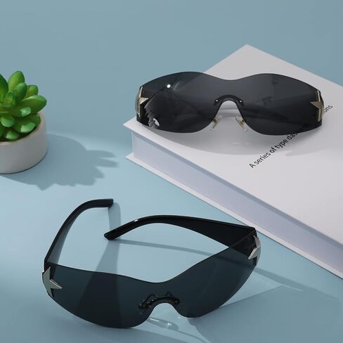 2 Pairs Y2K Sunglasses for Women Men, Trendy Shield Wrap Around Sun Glasses, Rimless Star Sunglasses Oversized Glasses Shades in Saudi Arabia