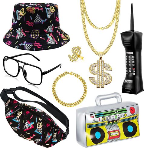 80s 90s Accessories Hip Hop Costumes Outfits Kit for Men Women DJ Rapper Bucket Hat Sunglasses Costume Jewelry in Saudi Arabia