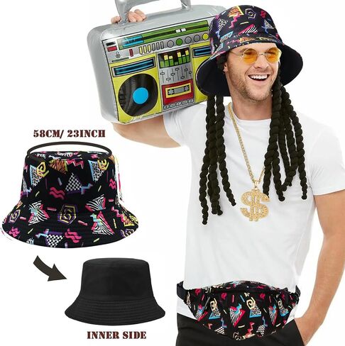 80s 90s Accessories Hip Hop Costumes Outfits Kit for Men Women DJ Rapper Bucket Hat Sunglasses Costume Jewelry in Saudi Arabia