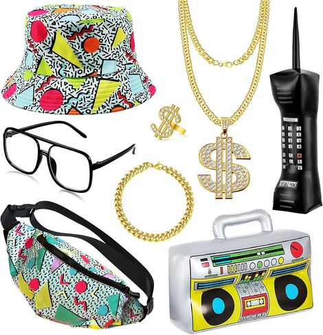 80s 90s Accessories Hip Hop Costumes Outfits Kit for Men Women DJ Rapper Bucket Hat Sunglasses Costume Jewelry in Saudi Arabia