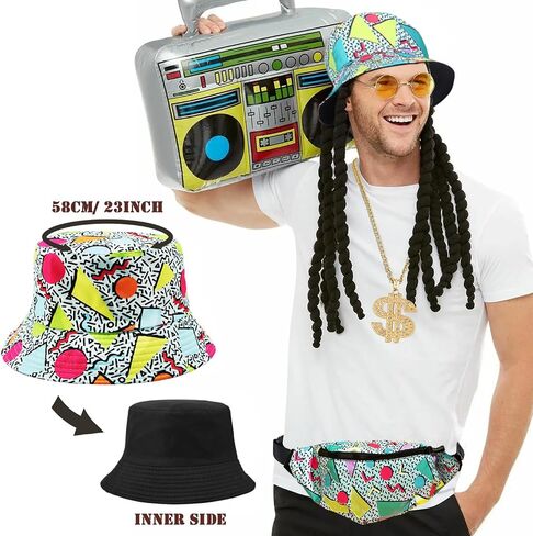 80s 90s Accessories Hip Hop Costumes Outfits Kit for Men Women DJ Rapper Bucket Hat Sunglasses Costume Jewelry in Saudi Arabia