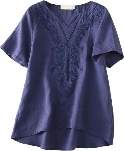 Minibee Women's Linen Shirts Summer Boho Tops Cotton Blouse V Neck Short Sleeve Embroidered Tunic in Saudi Arabia