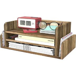 Wood Desk Organizer 5 Trays, Rustic 3-Tier Office Desk Organizer Wood with 2 Side Mail Sorting Slots, Wooden Desktop Organizer for Folders, Mail, Stationary (Dark Brown)