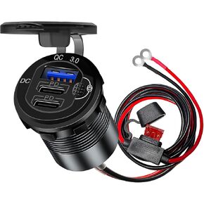 2 Pack 12V USB Car Socket 90W Multi Port USB C 12V Outlet Aluminum 3-Port Marine USB Fast Charger Cigarette Outlet USB Replacement with Switch, Suitable for Boat Golf Cart RV Motorcycle Truck