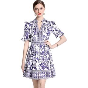 LAI MENG FIVE CATS Women's Button Up Short Puff Sleeve V-Neck Floral Print Split Casual Mini Dress