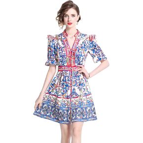 LAI MENG FIVE CATS Women's Button Up Short Puff Sleeve V-Neck Floral Print Split Casual Mini Dress in Kuwait