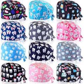 Unittype 12 Pcs Dental Caps for Women Adjustable Dentist Scrub Cap Elastic Nurse Hats Teeth Pattern Working Hats Bulk in Kuwait