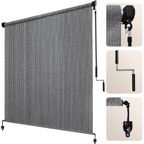 Artpuch Outdoor Roller Shade 8' W x 8' H Fabric Blind Gray Cordless Roll Up Shade, Wand Operation Exterior Roller Shade Cloth for Patio Porch Gazebo