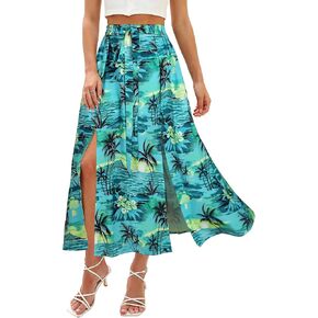 Ezcosplay Women Maxi Hawaiian Floral Slit Skirt High Elastic Waisted Split Thigh Long Skirts with Pockets