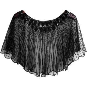 1Pcs Fashion Classic Lightweight Black Vintage Flapper Shawl Ruffles Beaded Embroidery Cape Sparkling Sequins Wrap for Dress Accessories