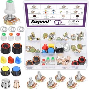 Swpeet 80Pcs 1K-500K Ohm Potentiometer Assortment Kit with 1Kohm -100Kohm Multiturn Trimmer, Knurled Shaft 3 Terminals Single Linear HighPrecision Variable Resistor with Nuts and Washers