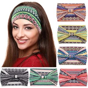 Yeshan Boho Bandeau headbands for Women Wide Bandana Knot Hair Scarf Floral Printed African Hair Bands Elastic Turban Thick Head Wraps Stretch Cotton Head Bands,Pack of 6