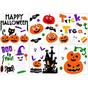 JOICEE 6pcs Halloween Gel Window Clings, Pumpkins Ghost Bats Spider Trick or Treat Window Clings for Halloween Home Classroom Window Decals Party Supplies Gift