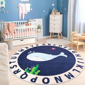 Round Kids Rug for Playroom,4ft ABC Alphabet Whale Kids Rug,Non-Slip Kids Rug Play Mat,Washable Educational Classroom Rug Kids Area Carpet for Kids Room Bedroom Nursery Playroom Decor